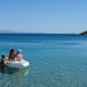 The scene at Psarou Beach on the eve of the beginning of its delayed tourist season on May 24, 2020, in Mykonos, Greece.